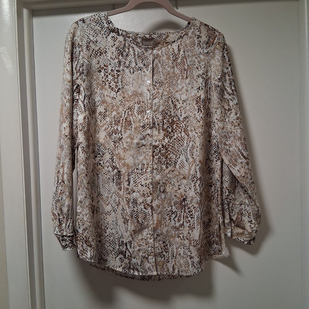 CHICO'S Brown & Cream Snake Print Lightweight Button Front Blouse sz 1/M NWT /B9